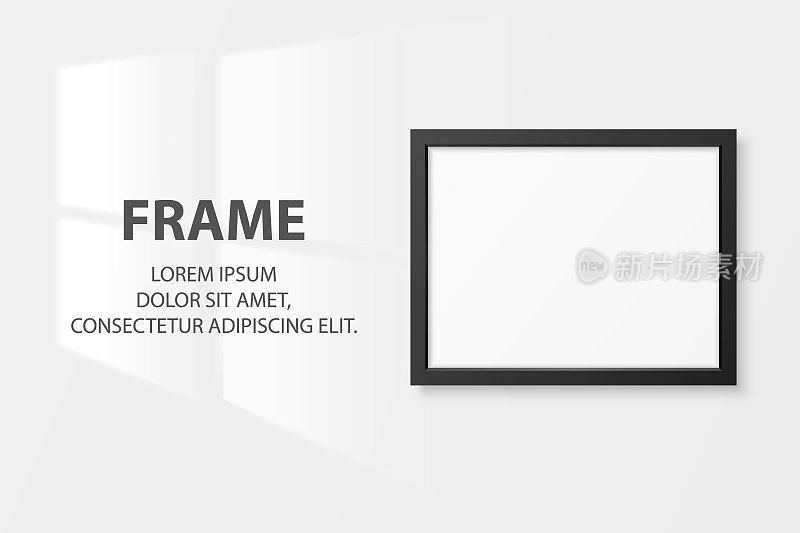 Vector 3d Realistic Black Horizontal Wooden Simple Modern Frame Icon Closeup Isolated on White Wall Background with Window Light. It can be used for presentations. Design Template, Mockup, Front View